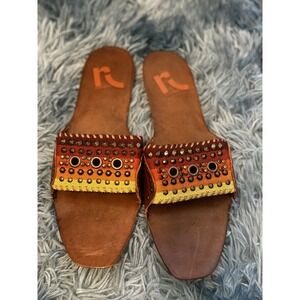 Report Zerav Brown Leather Slip On Flats Studded Womens Slide Sandals Size 8M